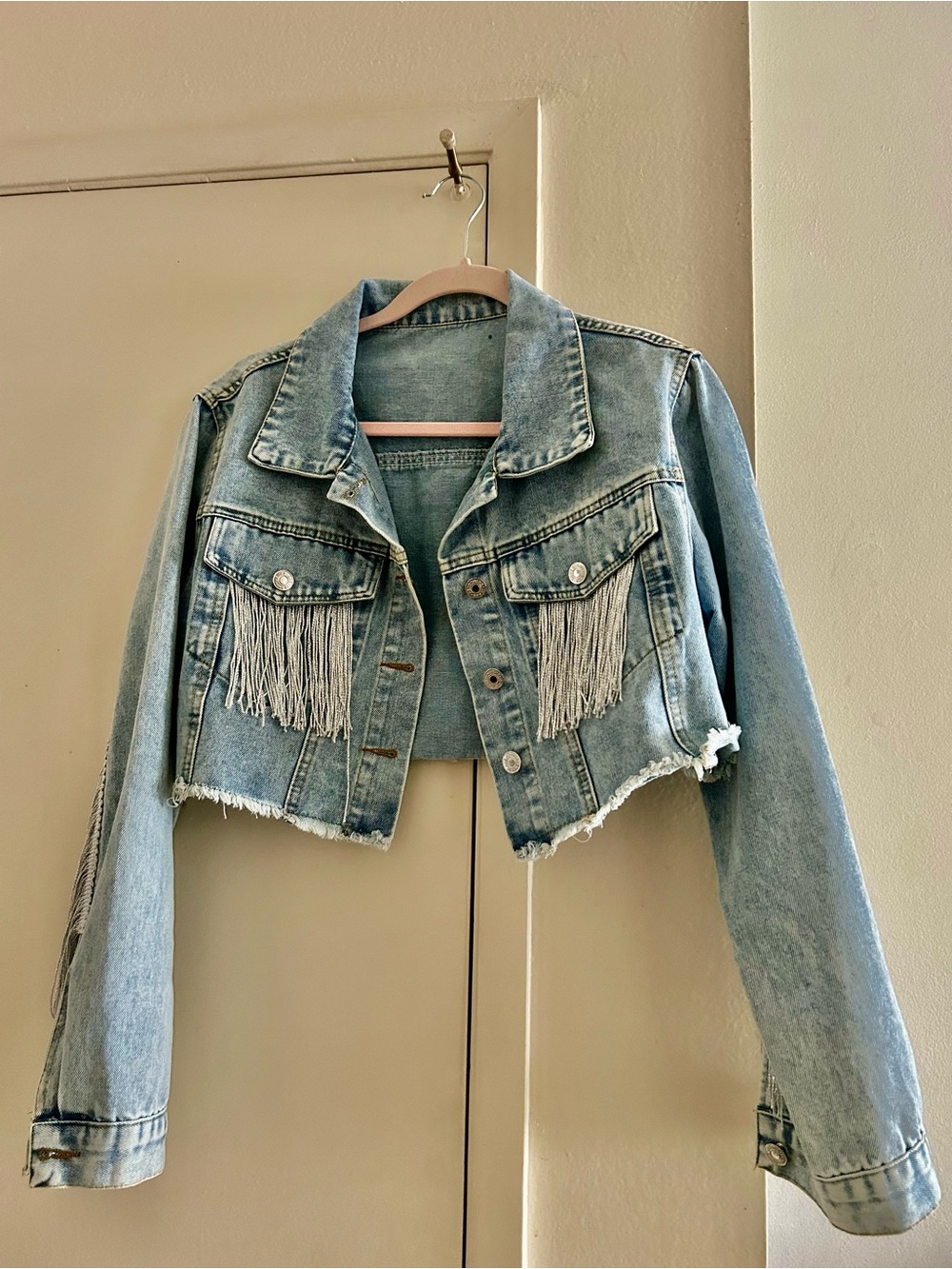 Cropped Light Wash Denim Jacket with Fringe